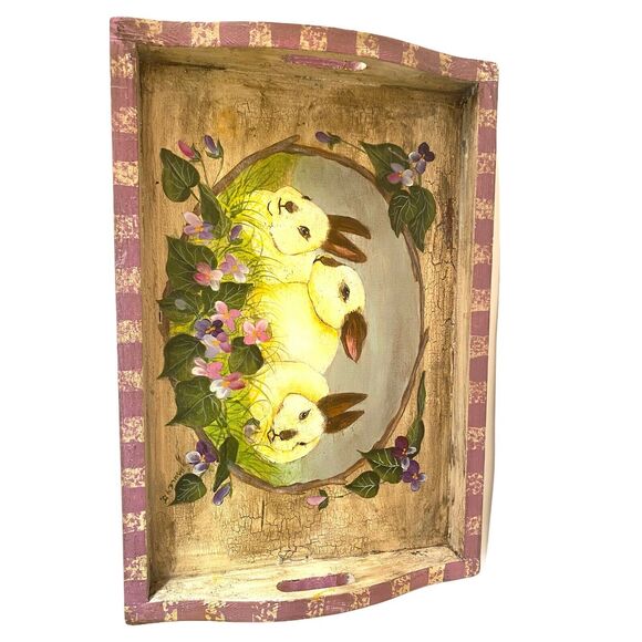 Vintage Bunny Rabbit Easter Tray | Hand Painted Wood Serving Vanity Tray - Picture 9 of 12